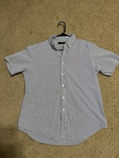 Polo Ralph Lauren Seersucker Shirt Men s L Blue/White Pink Pony stained