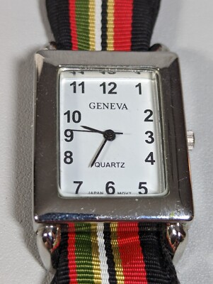 Geneva White Dial Rectangle Silver Tone Case Canvas Band Watch