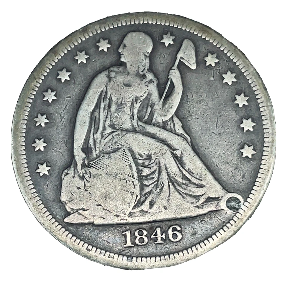 Dólar de plata libertad sentada 1846-O $1 - Detalles en estado bastante bueno - Reparado - Moneda rara Foto 4 de 4