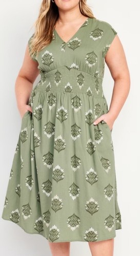 NWT Old Navy Shirred Waist Dress Green Block Print Size XL Has Pockets!