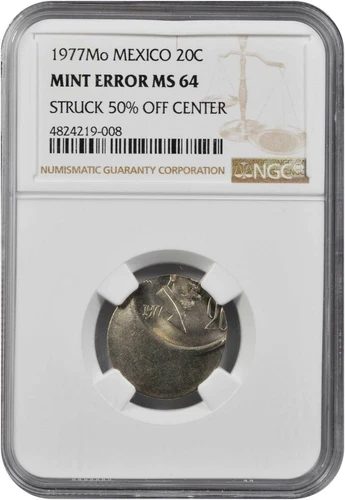 ER141 Mint Error 1977-Mo Mexico 20 Centavos, Struck 50% Off Center, NGC MS64. KM