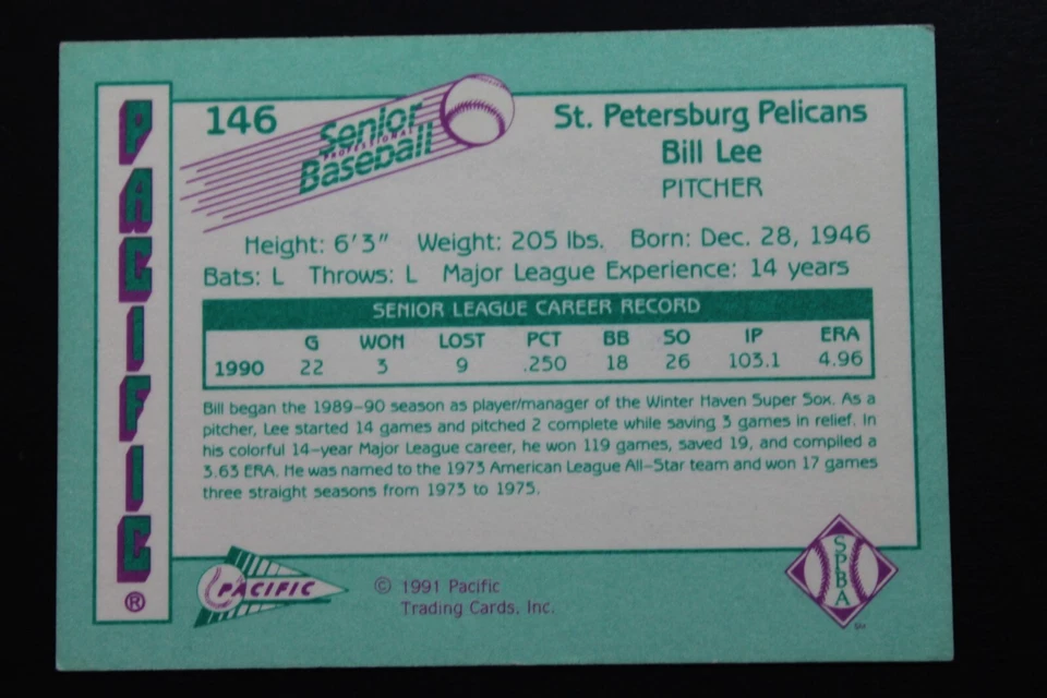 Bill Lee Red Sox Autographed 1991 Pacific #146 Signed SENIOR PRO Baseball Card - Image 2 of 3