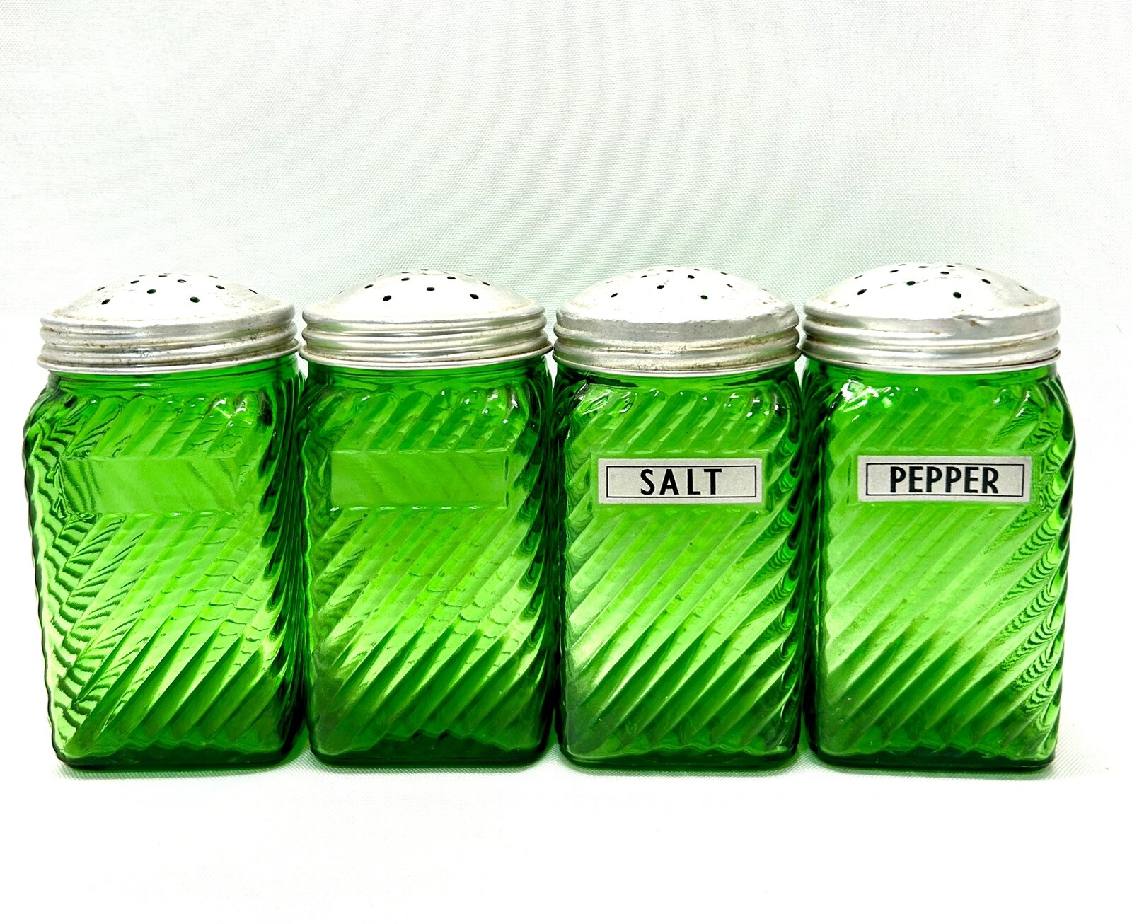 12 Vintage Owens Illinois Green Glass Salt Sugar Spice Hoosier Jars