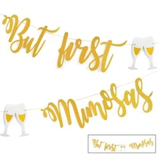 Mimosa Bar Sign But First Mimosas Gold Banner Decorations for Bridal Shower B...