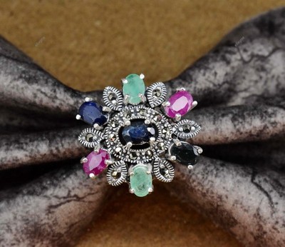 925 Sterling Silver Unheated Natural Ruby Emerald & Sapphire Ring 11 GM US 8.9