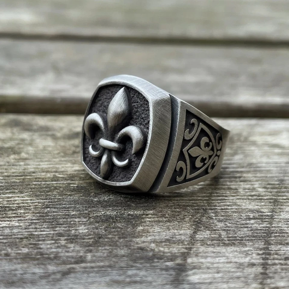 Anillo de sello Fleur De Lis de plata de ley 925 anillo oxidado artesanal libre de impuestos Foto 4 de 4