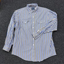 Wrangler Cowboy Cut Regular Fit Blue Grey Striped Western Shirt Mens 17.5 x 35