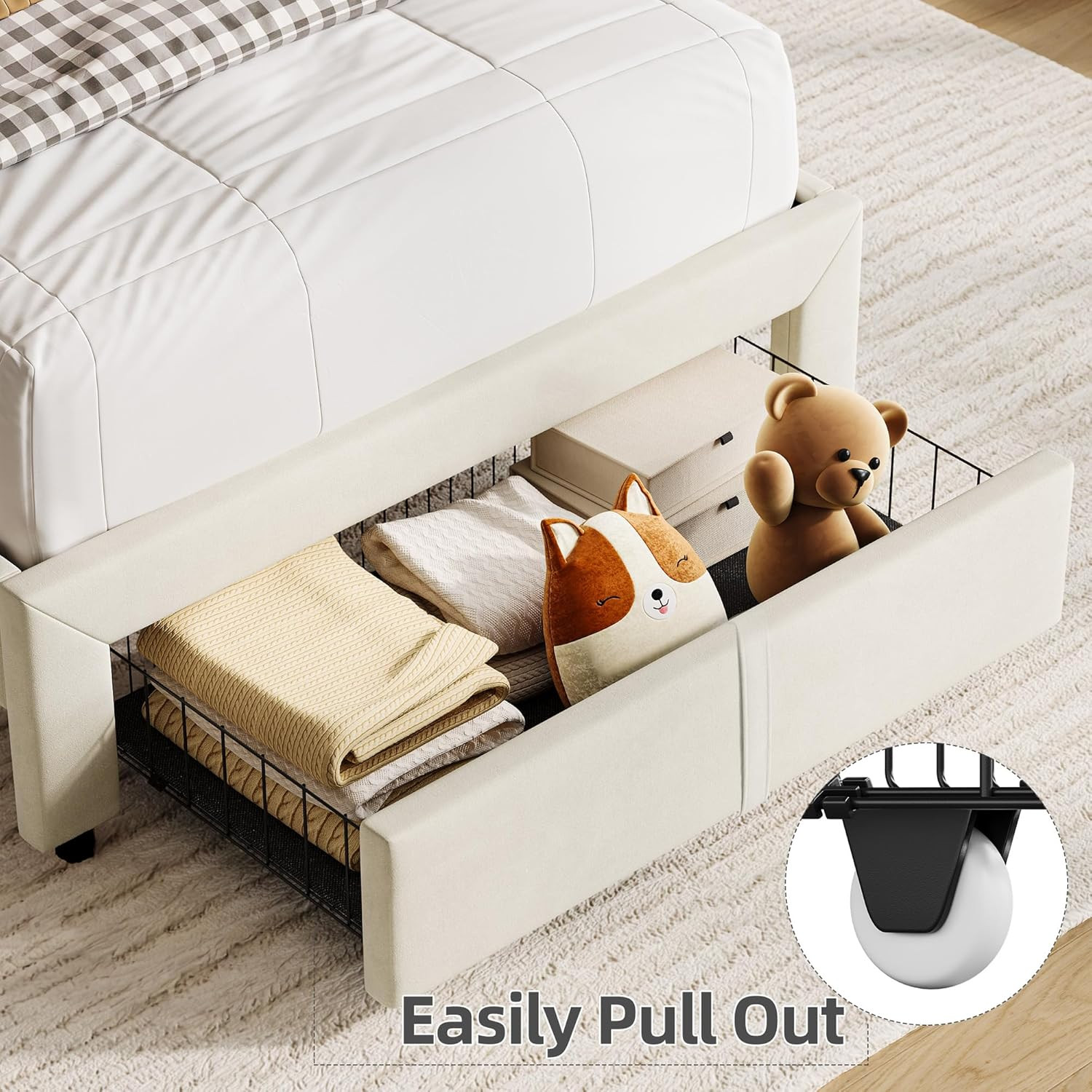Twin Bed Frame Set for Kids with Storage Drawer & Bookcase Headboard, Cream Whit