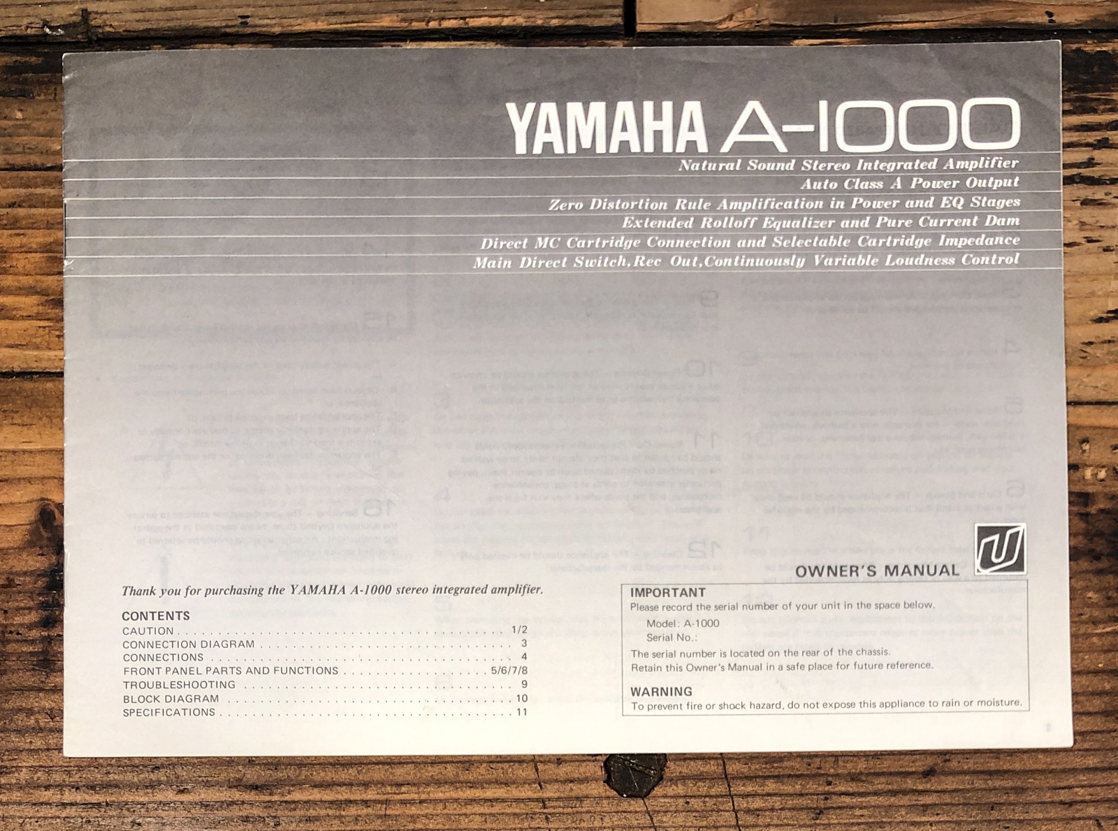 Yamaha A-1000 Amplifier Owners / User Manual *Original*