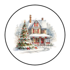 Snowy Winter Christmas House Stickers Labels Tags Holiday Round Envelope Seals