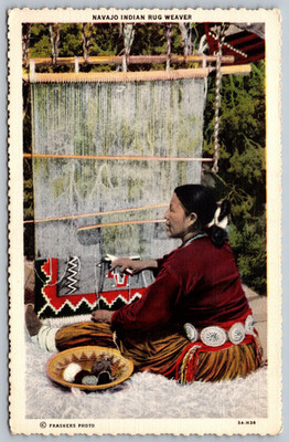 Postcard c1930s Navajo Indian Rug Weaver Frasher's Deckled Edge Vintage Linen *