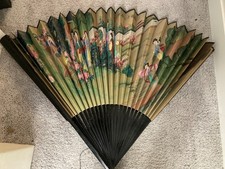 Large 41  Asian Wall Fan Authentic Hand Painted Bamboo 1960s RARE