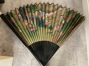 Large 41” Asian Wall Fan  Authentic Hand Painted Bamboo 1960s RARE
