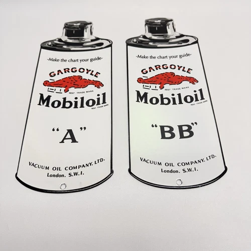 Mobil Oil Gargoyle "A" & "BB" - Vintage Porcelain Signs - Door Push set of two