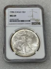 1986 Silver Eagle NGC MS69 Brown  Label ~ NO SPOTS ~ (007)