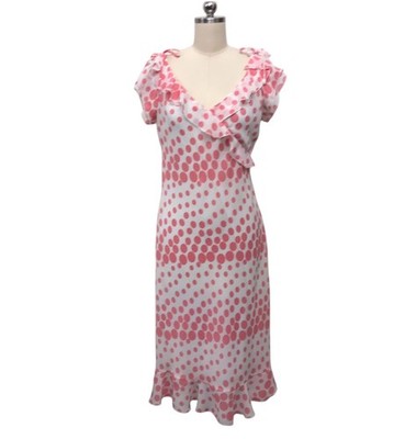 VTG 90 s Y2K Jonathan Martin Polka Dot Midi Dress Pink White Ruffle Retro Sz 10