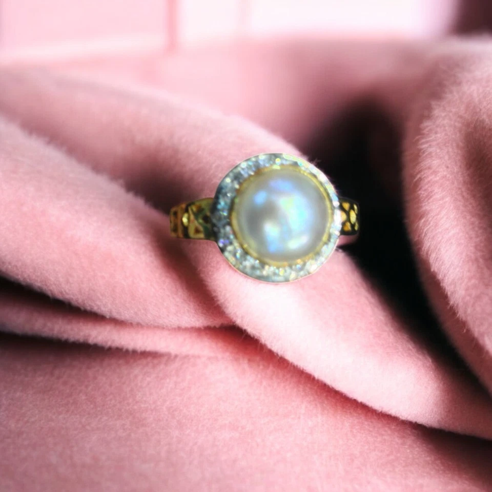 Pave 4,30 Cts Rond Taille Brillante Diamants Perle Bague Mariage Or Jaune 14K - Photo 2/4