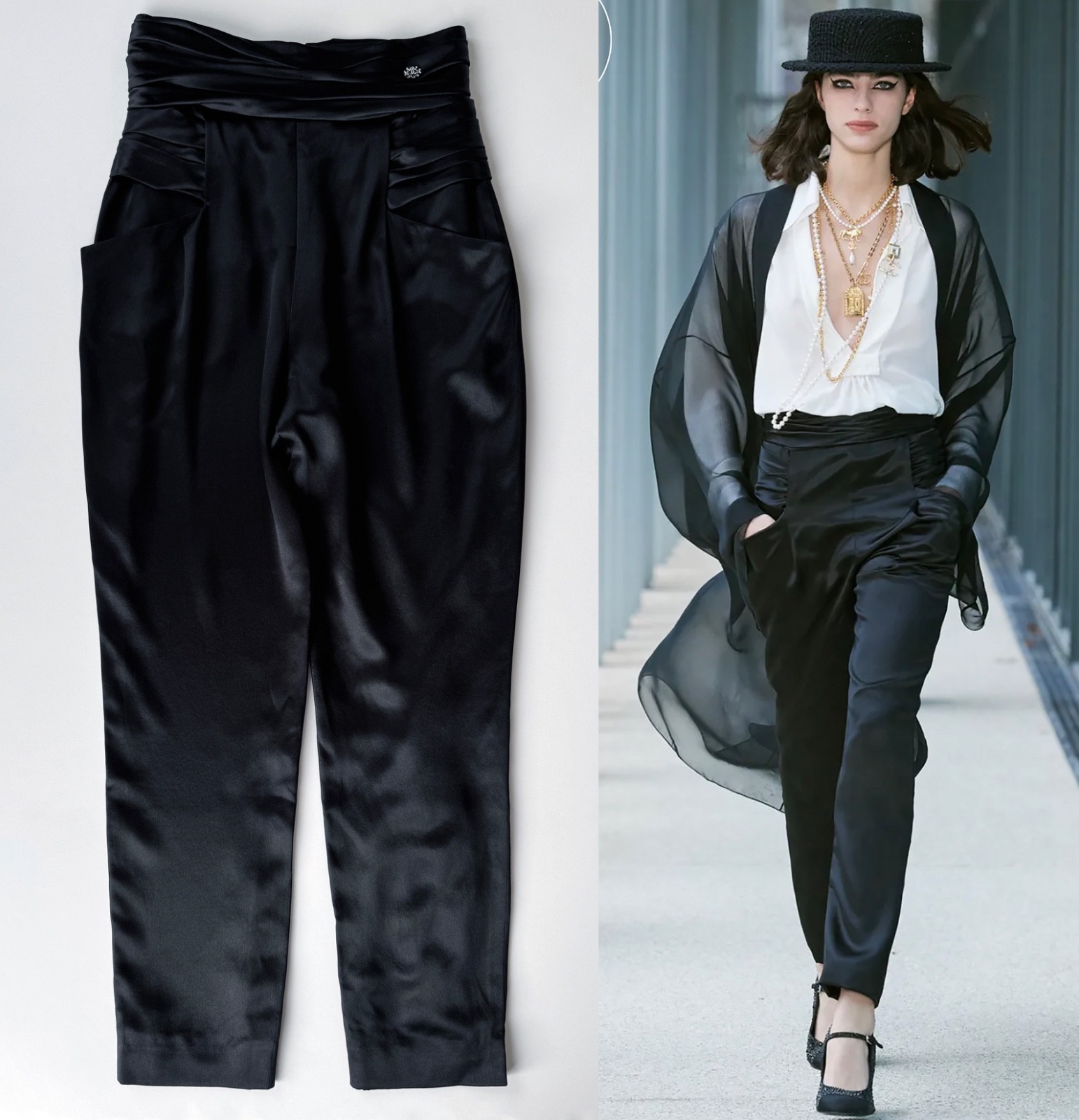 CHANEL 22A METIERS D'ART BLACK SILK RUNWAY DRESS PANTS 34 XS
