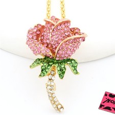 New Fashion Women Pink Crystal Rhinestone Rose Flower Pendant Chain Necklace