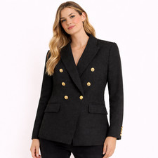 H M Black Tweed Boucle Double Breasted Gold Button Blazer Jacket Size M