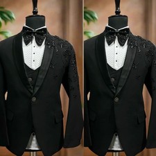 Luxury Black Men's Suit Shawl Lapel Floral Beaded Embroider Wedding Groom Tuxedo