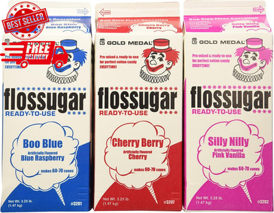 Cotton Candy Floss Sugar-Blue Raspberry, Pink Vanilla & Cherry- 3.25 Lbs. (3 Pac