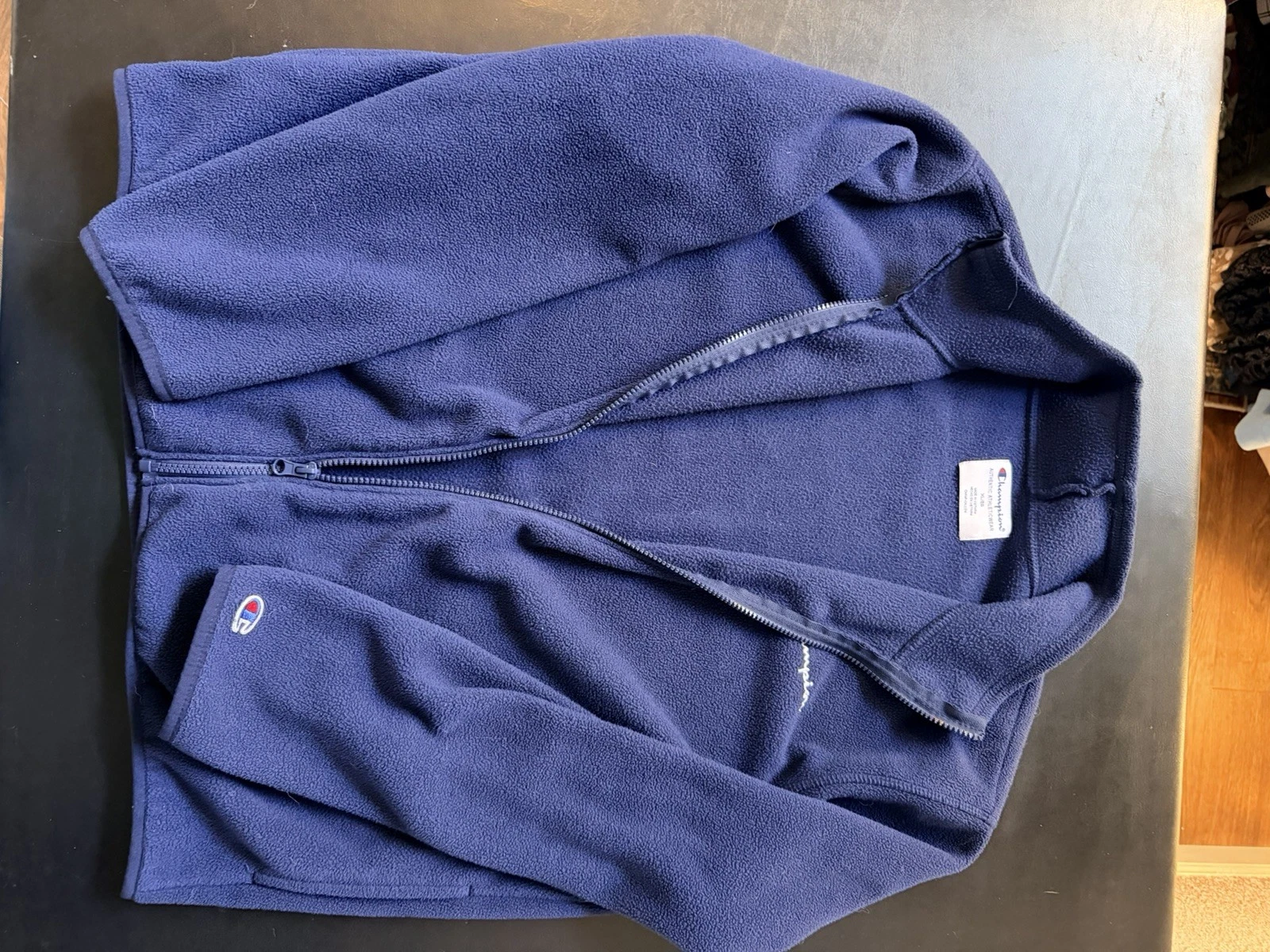 Champion Full Zip Fleece Jacket Size XL, Navy Blue Script Logo. EUC. image 5