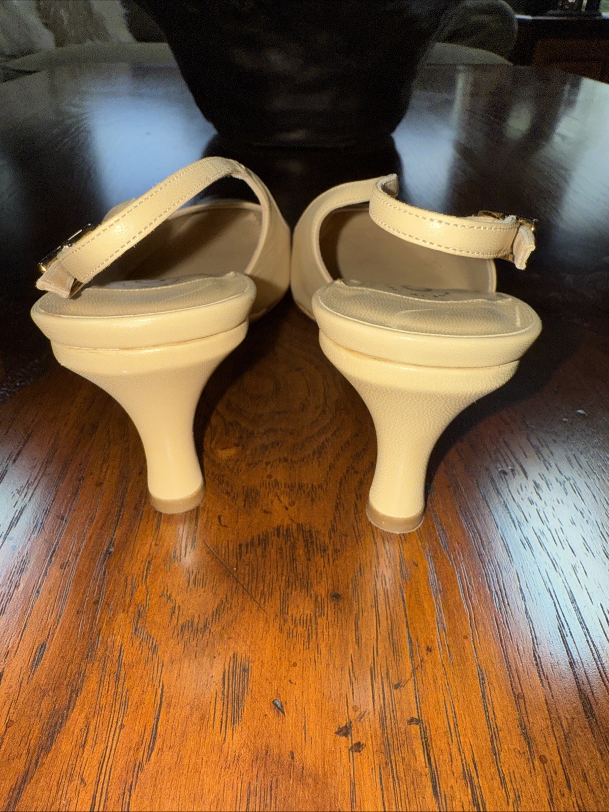 Chanel CC Slingback Shoes Beige w/blk Cap Toe Wedges Size-38 image 10
