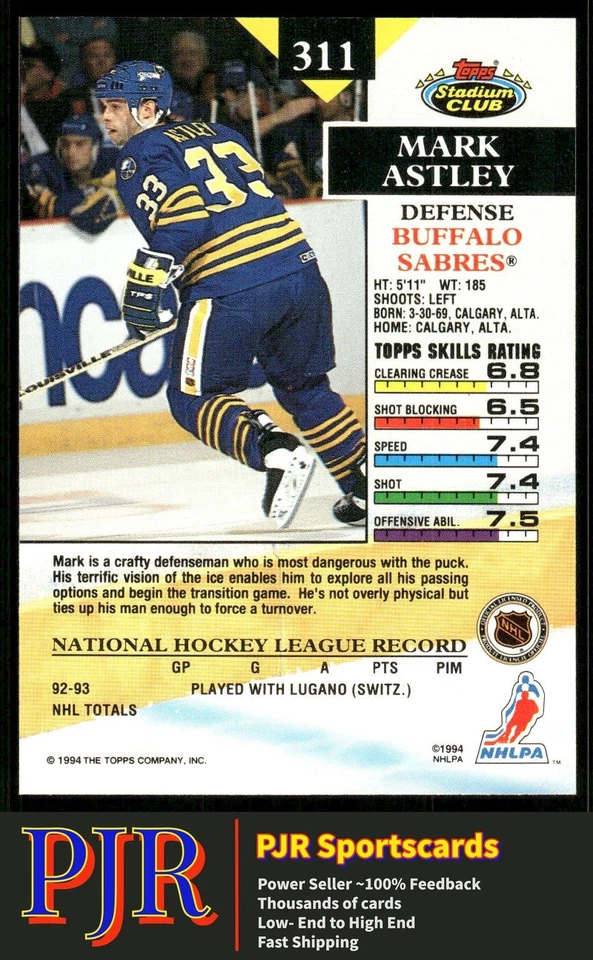 Mark Astley 1993-94 Stadium Club #311 Buffalo Sabres Rookie - Image 2 of 2