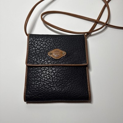 Vintage Esprit Cross Body Wallet Black Faux Pebble Leather Black & Tan y2k 