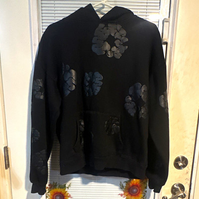 DENIM TEARS Black Flower Graphic Print Pullover Hoodie Fleece Cotton Men S