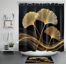 Abstract Botanical Leaves Black and Gold Shower Curtain Set for Bathroom Decor
