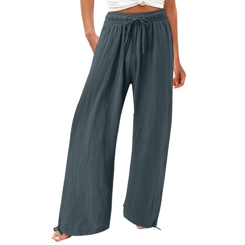 Women Loose High Waist Drawstring Cotton Linen Wide Leg Long Pants With Pockets - Bild 12 von 30