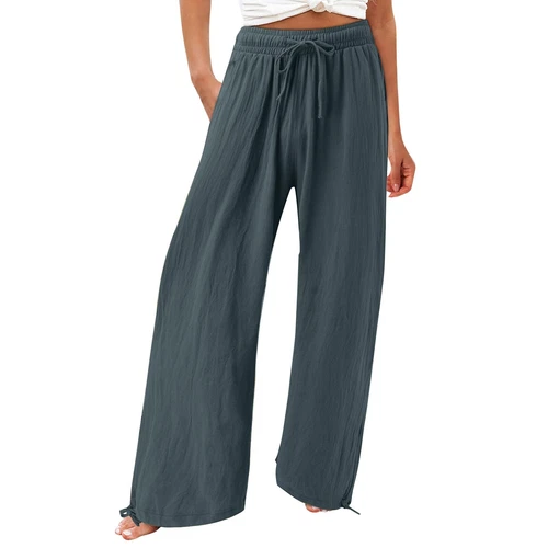 Women Loose High Waist Drawstring Cotton Linen Wide Leg Long Pants With Pockets - Picture 38 of 44