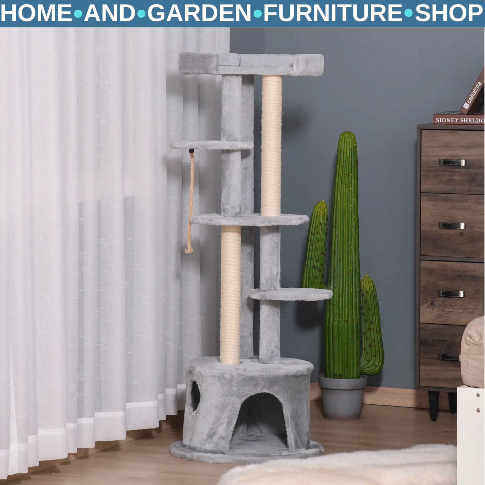 Pawhut Grey Cat Tree Multi-Level, Kitten Tower Activity Centre With Scratching Post, Condo, Hanging Ropes & Plush Perches, - Image 2