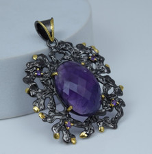 Natural Chequered Amethyst Pendant Black Oxidized Gold Plated 925 Silver Jewelry
