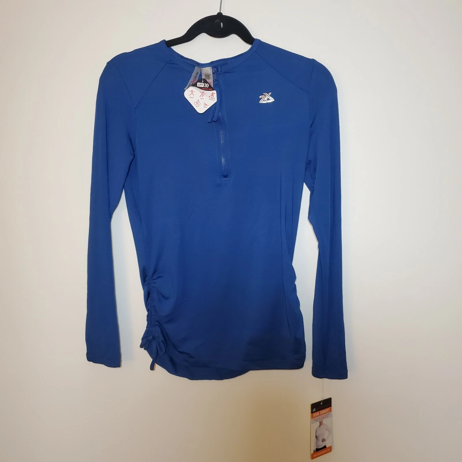 Zero Exposure Ruched Sun Protection Top UPF 30 Long Sleeve Blue Small