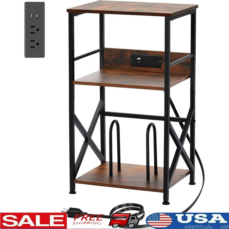 3-Tier Vinyl Record Player Stand with Built-in Charging Station-image