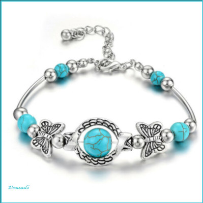 PULSERA  PLATA TIBETANA CON ABALORIO AZUL Y PLATEADO PARA EL ALTO VENNO