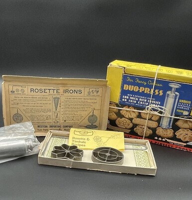 Vintage Cookie And Cake Decorating Kits Plus 2 Rosette Irons