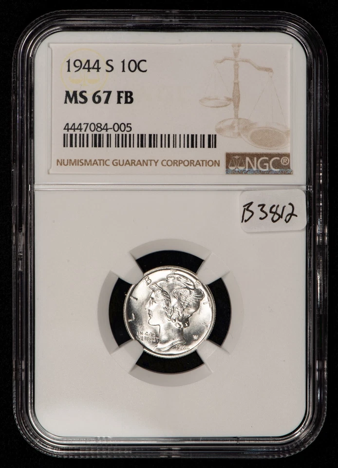1944-S 10c Silver Mercury Dime - Full Bands - PQ White - NGC MS 67 FB - B3812 - Image 2 of 4