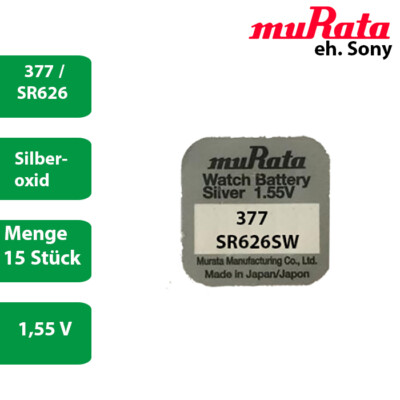 15 x Murata 377 eh. Sony Uhrenbatterie 1,55 V SR626SW SR66 AG4 LR626 Silberoxid