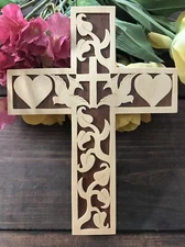 Christian Wall Cross Crucifix Wood~ Ivy~Doves~Hearts-Beautiful! 10.5" Tall