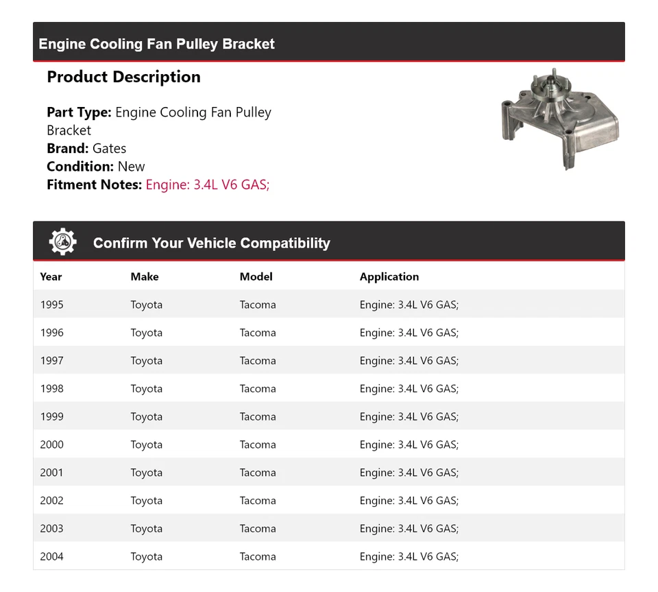 Para Toyota Tacoma 1995-2004 3.4L V6 Motor Ventilador de refrigeración Polea Soporte Puertas Foto 2 de 4