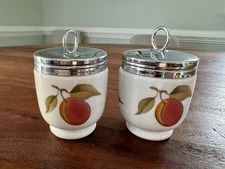 2 Royal Worcester Evesham Double Egg Coddler Matching Peach Berries Leaf MINT