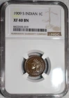 NGC XF-40 BN 1909-S Indian Head Cent, Smooth, Chocolate-Brown, Key-Date!