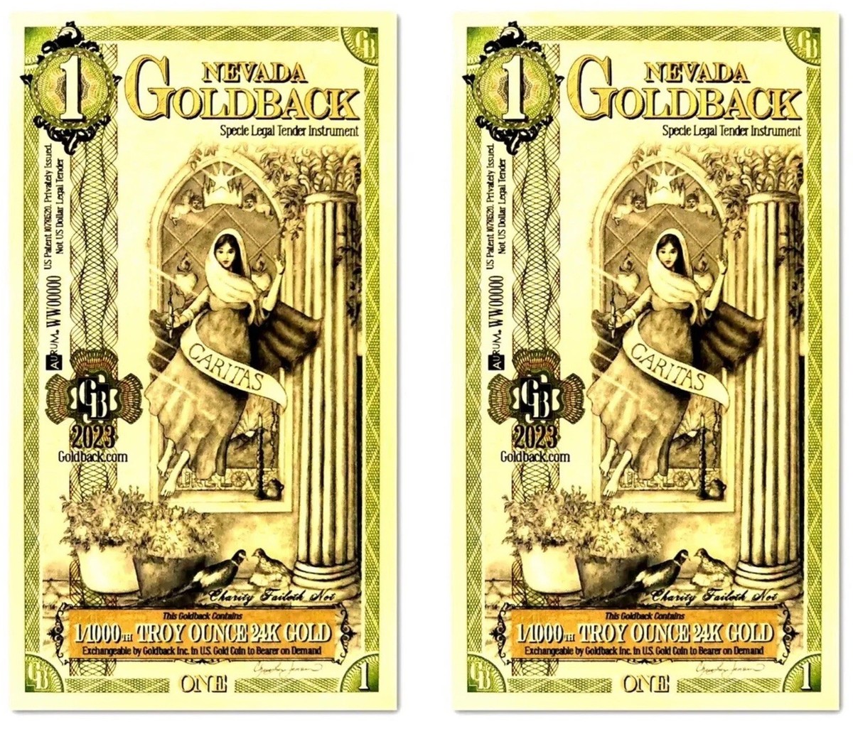 LOT 2 X 1 NEVADA GOLDBACK 24K GOLD NOTE 1/1000 OZ - DISCONTINUED