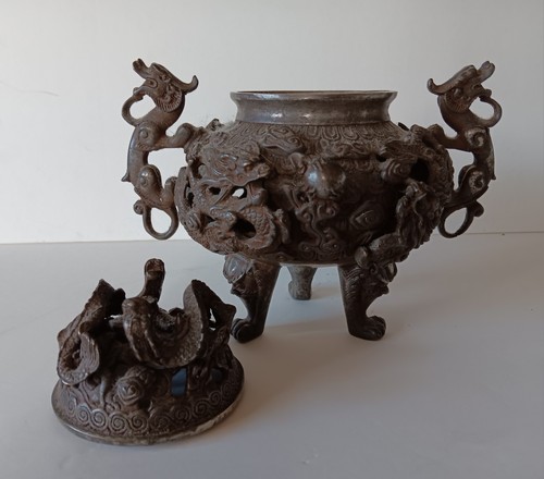 Vintage Bronze Silver Color Metal Dragons Xuande Ming Dynasty Incense Burner