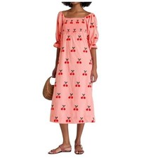 FARM Rio Cherry Cross Stitch Midi Dress 100% Cotton Light Pink Smocked XS