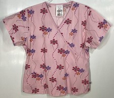 Scrub Top womens size S Small as measured Flowers Dots pinks and purple EUC